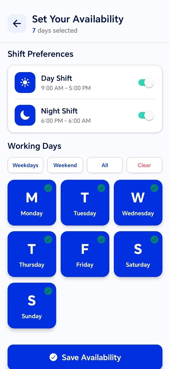 UrProject app weekly availability calendar