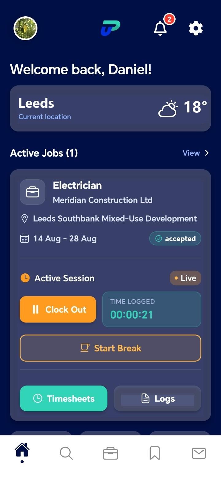 UrProject app active job with geofenced clock-in and a live timer