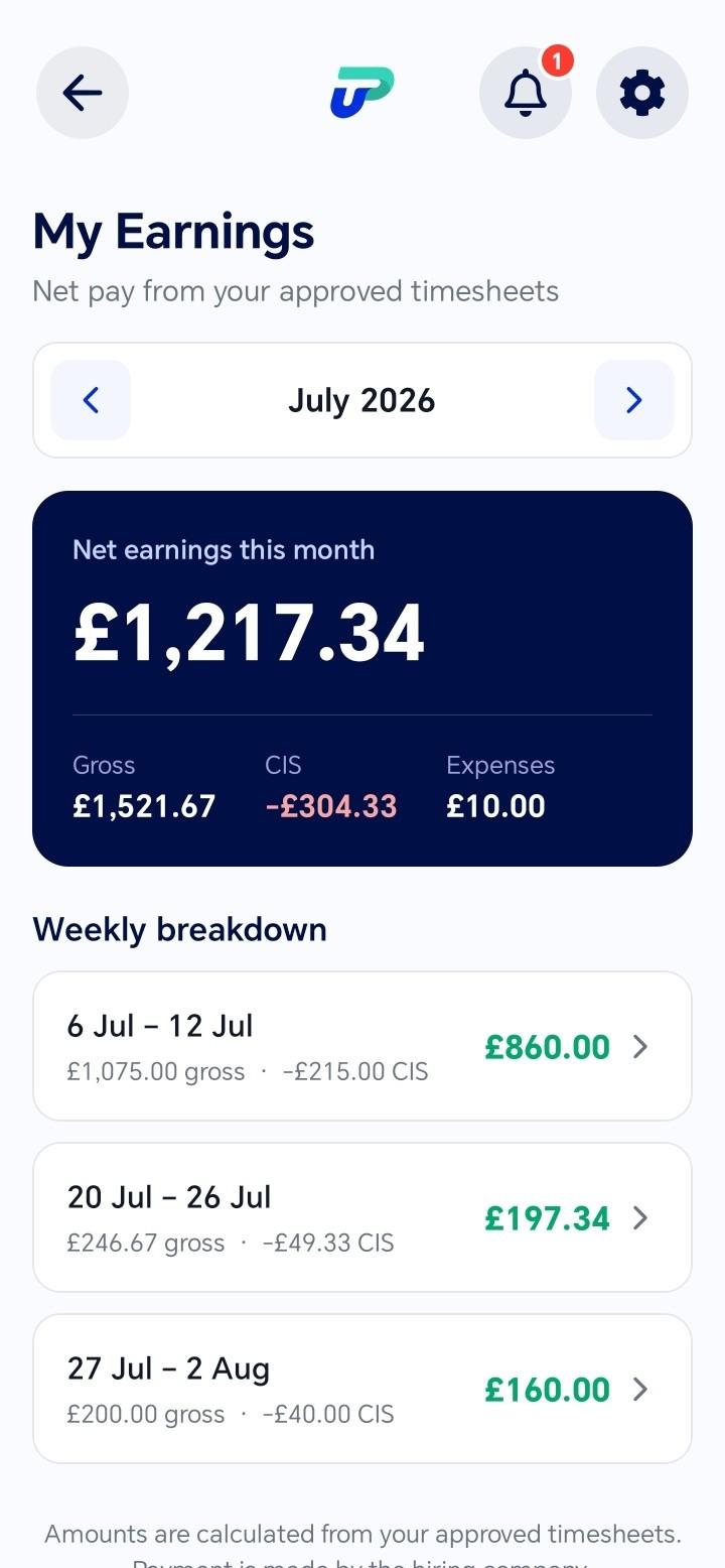 UrProject app earnings screen showing net pay from approved timesheets
