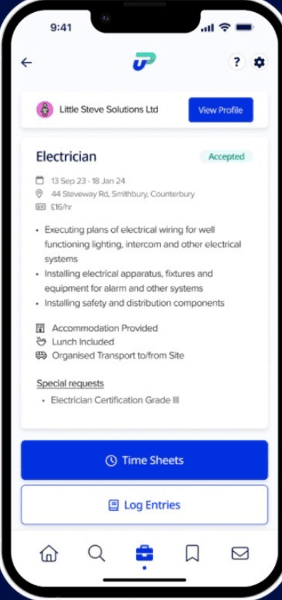 A live job in the UrProject app with rate, dates and apply