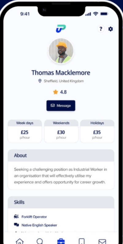 Worker profile in the UrProject app with day rates for weekdays, weekends and holidays