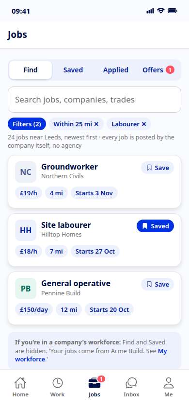 Actual V4 app jobs screen with sample vacancies